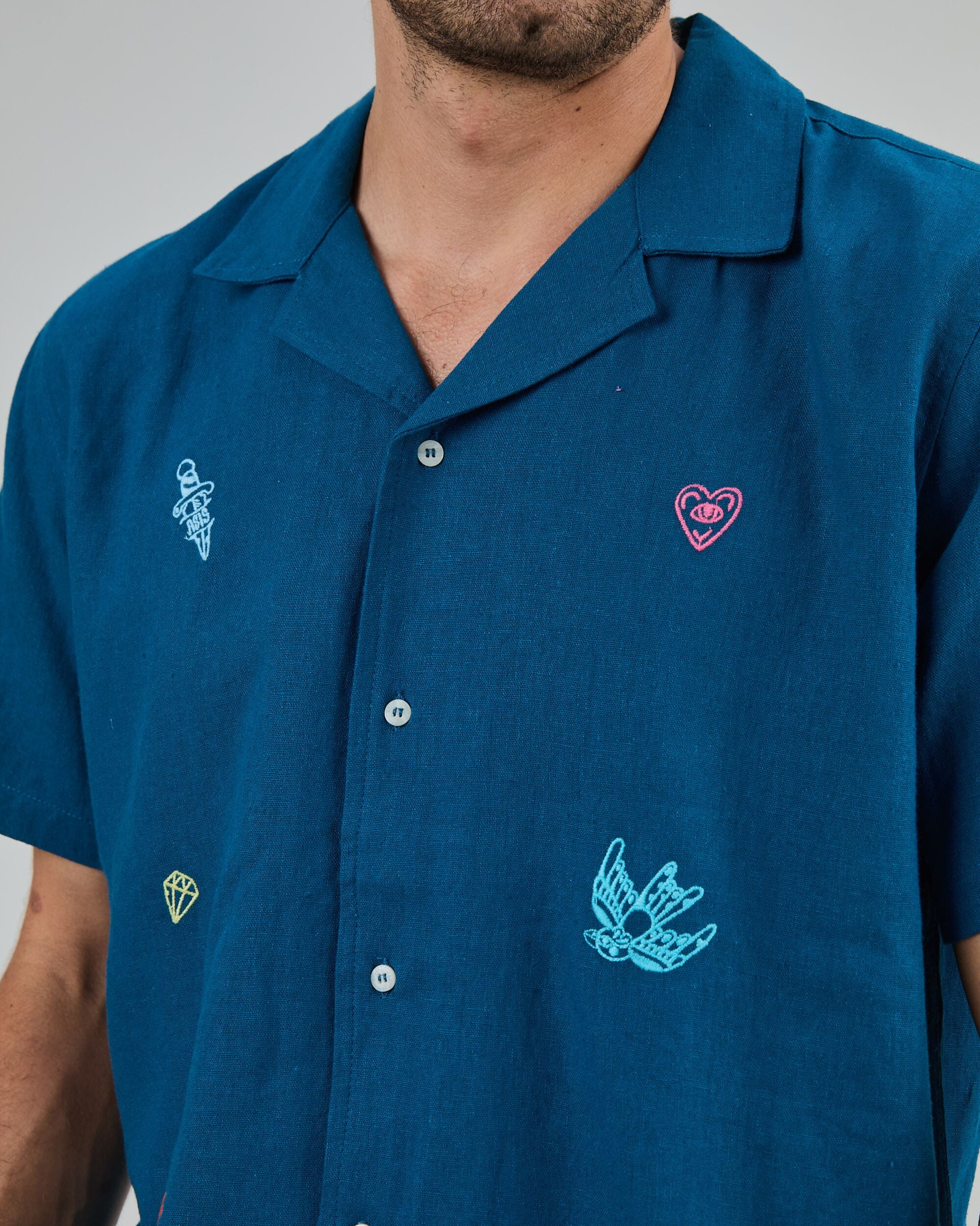 Asis Percales embroidery Aloha Shirt Blue - Image 8