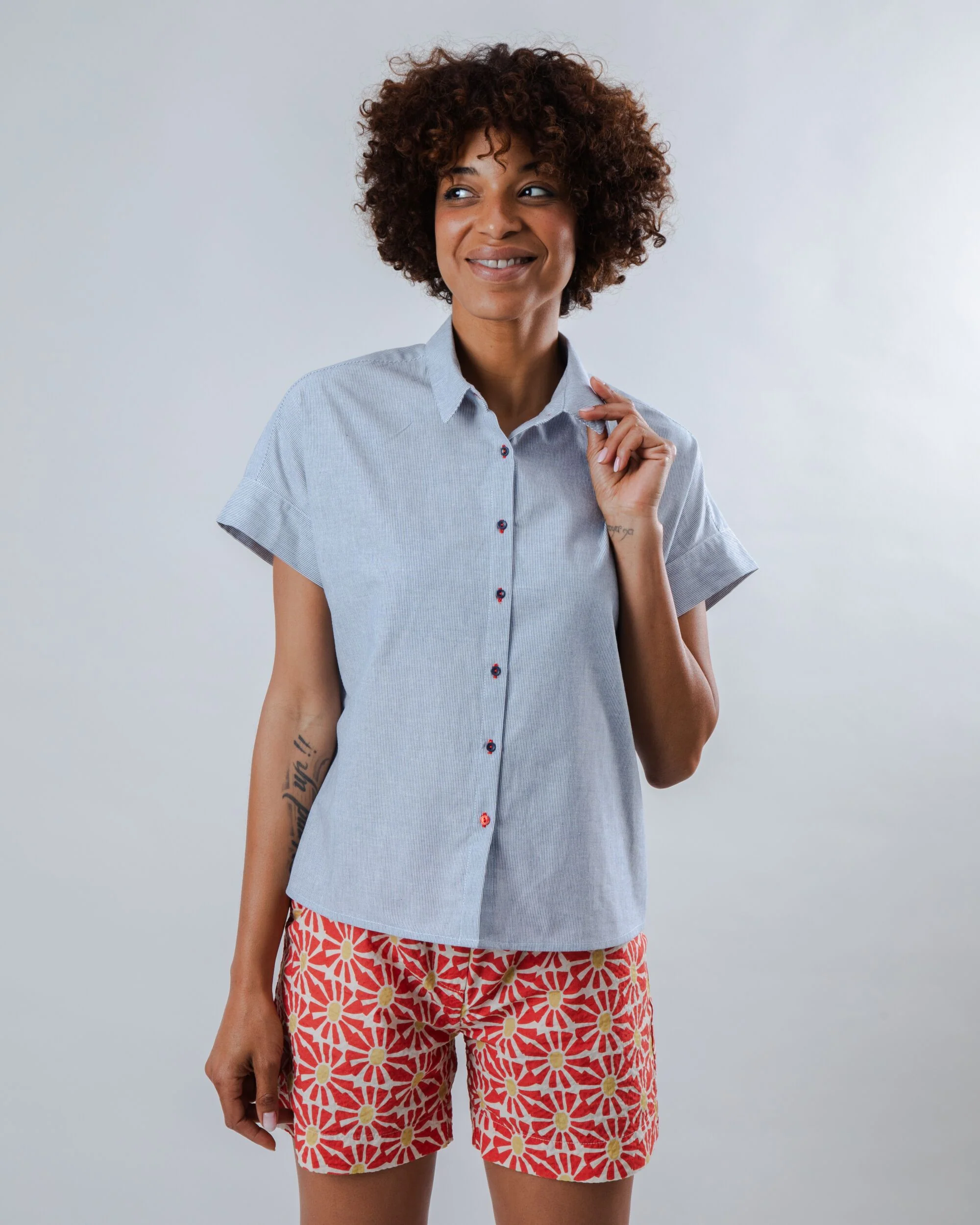 Pinstripes Batwing Sleeve Blouse Blue - Image 2