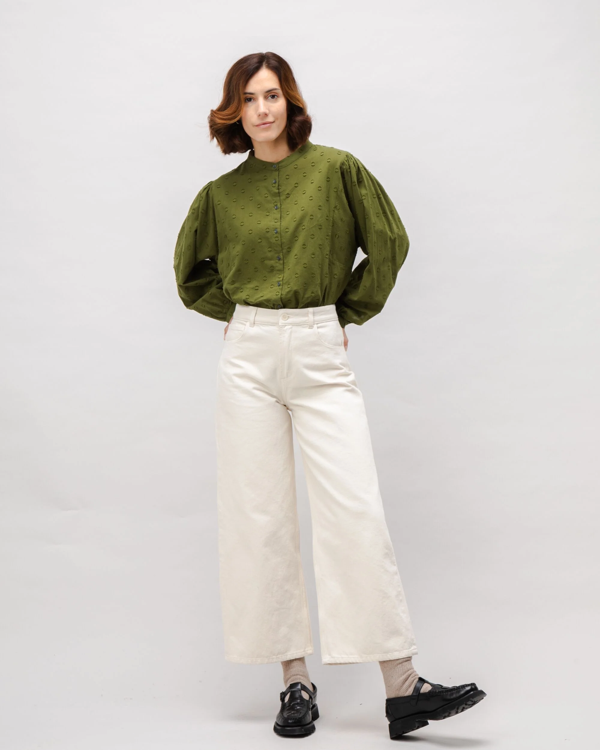 Polka Dot Romantic Cotton Blouse Green - Image 3