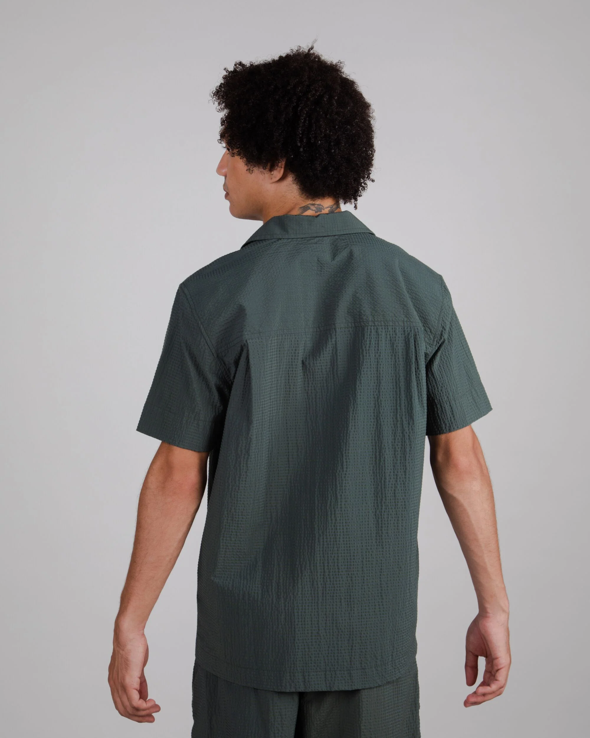 Seersucker Cotton Overshirt Dark Green - Image 4