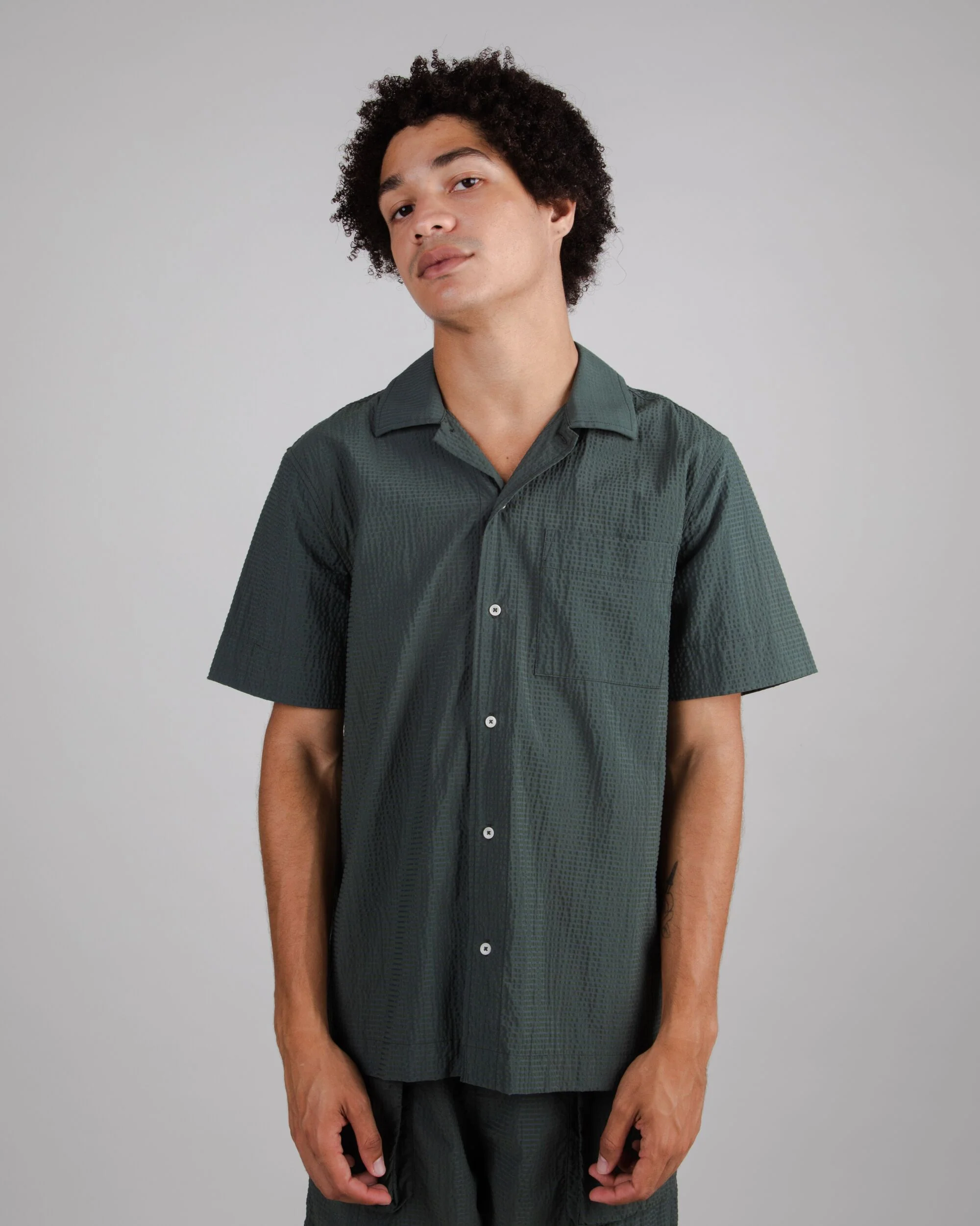 Seersucker Cotton Overshirt Dark Green - Image 5