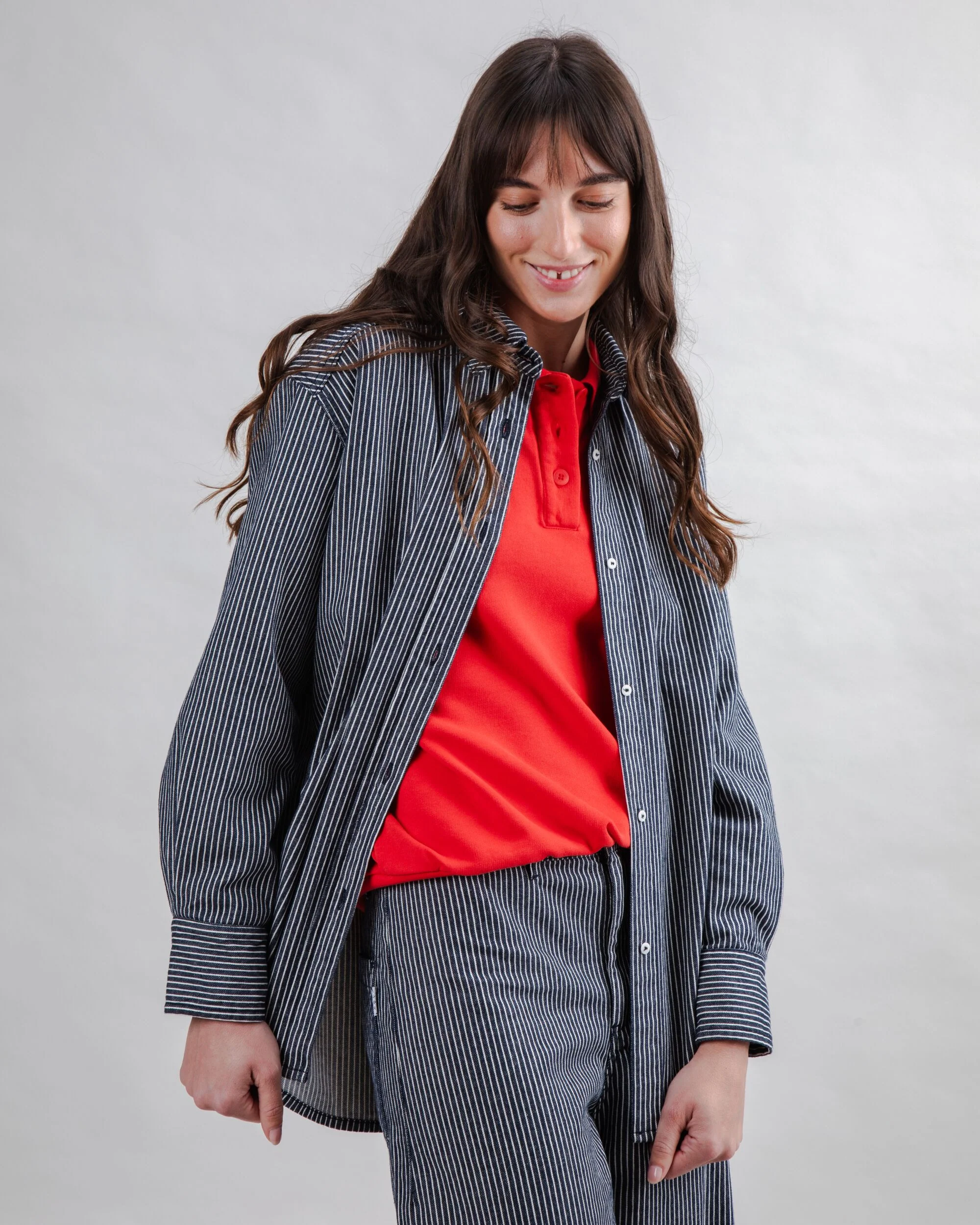 Striped Denim Long Overshirt