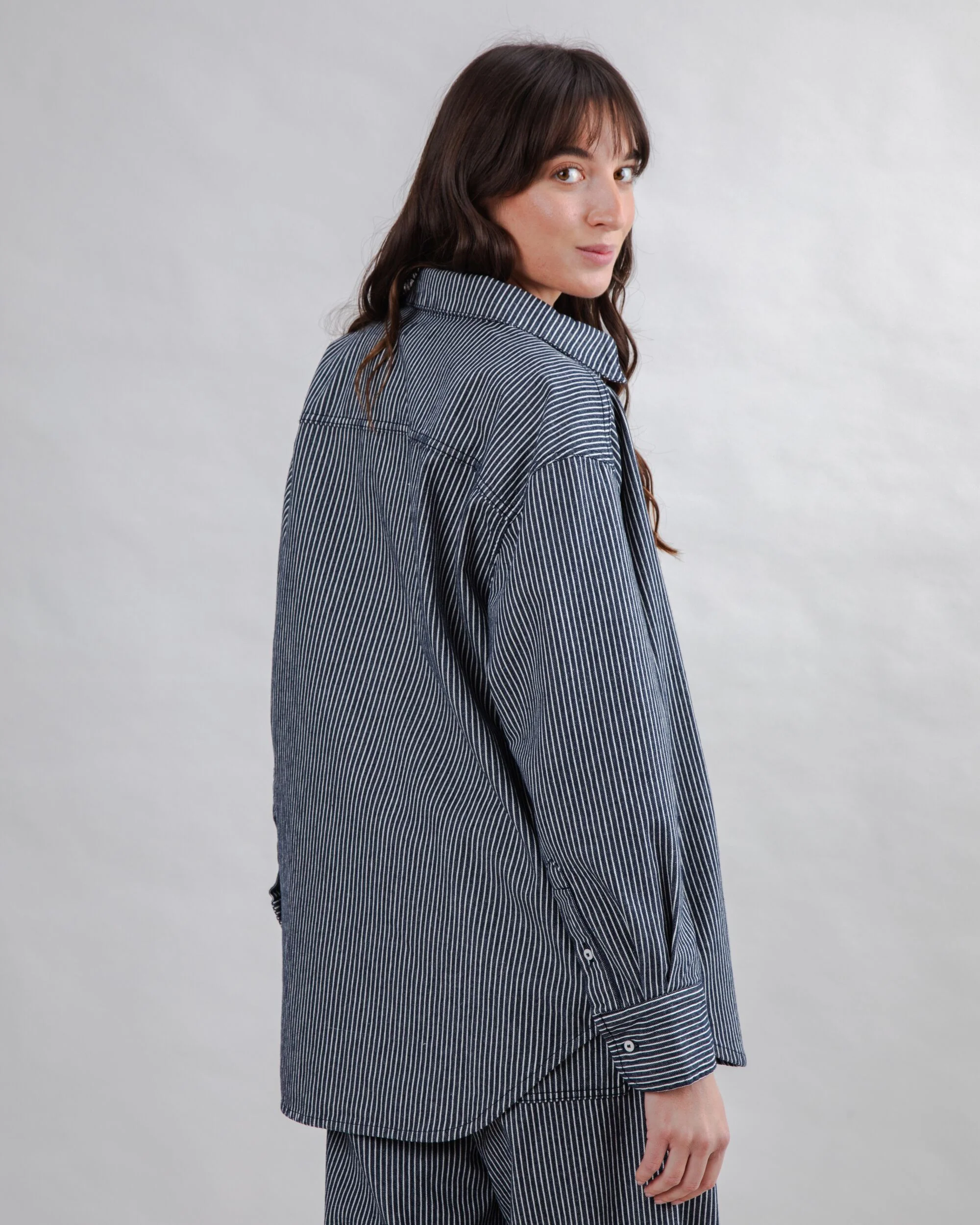 Striped Denim Long Overshirt - Image 5